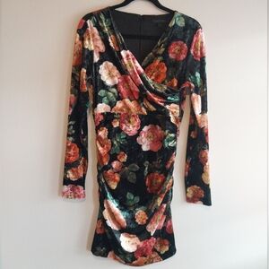 Guess Velvet Dark Floral Bodycon Faux Wrap Long Sleeve Mini Dress